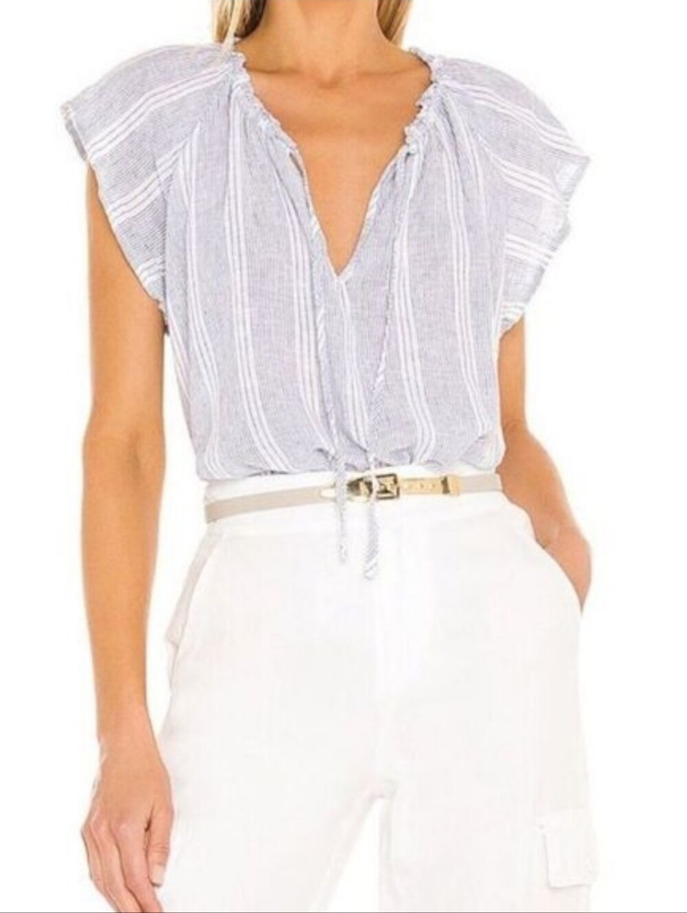 Rails Raven Stripe Top in Alameda Stripe Blue & White Flutter Sleeves Linen Sz S
